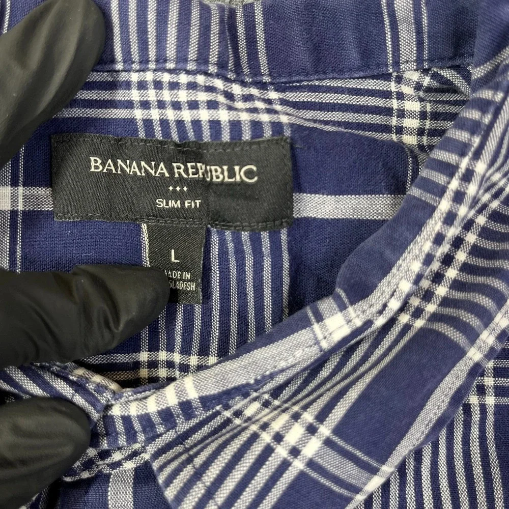 Banana Republic Button Up Short Sleeve Shirt Men Blue White Plaid Slim Fit Large